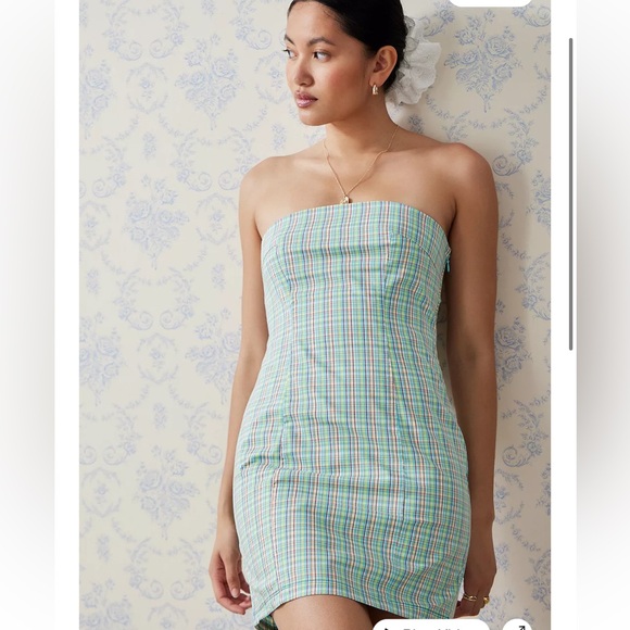 Kimchi Blue Strapless Plaid Mini Dress - Green and Pink NWOT - Picture 1 of 7